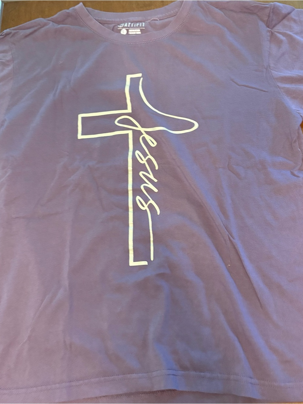 Purple Graphic Tee with Cross and 'Jesus' Script